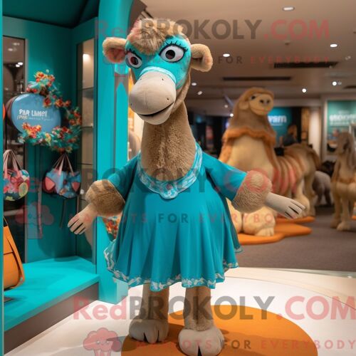 Costume De Mascotte Redbrokoly De Chameau Bleu Sarcelle Habillé Avec Une Mini-Jupe Et Des Sacs À Main