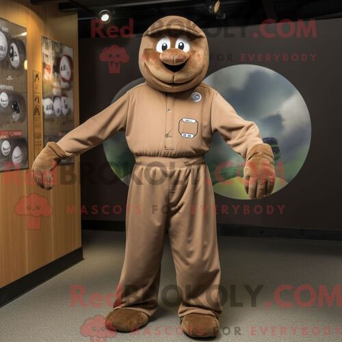Costume De Mascotte Redbrokoly De Megalodon Marron Habillé D Une Veste De Costume Et De Montres Intelligentes