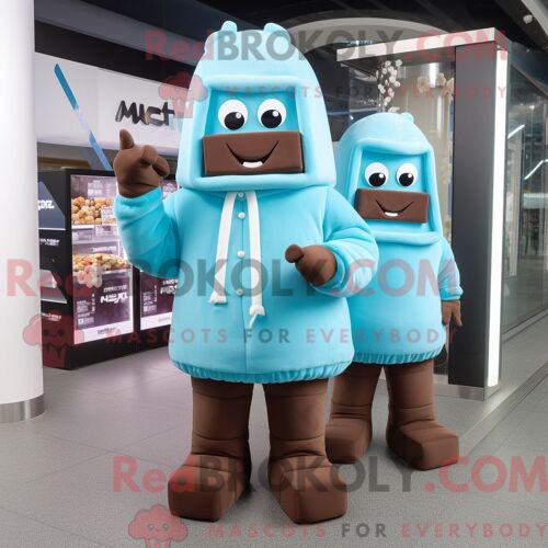 Costume De Mascotte Redbrokoly De Barres De Chocolat Bleu Ciel Habillé Avec Un Sweat À Capuche Et Des Chapeaux