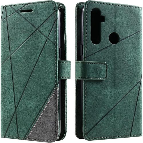 Coque Pour Oppo Realme 5/5s/5i/C3, Rabat Portefeuille De Protection Cuir Pu Etui, Slim Silicone Tpu Bumper Magnetique Housse, Flip Porte Cartes Avec Fonction Support Cover Antichoc Case (Vert)