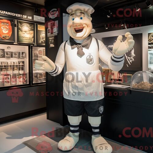 Costume Mascotte Redbrokoly Guinness Blanche Personnage Habillé Avec Un Maillot De Rugby Et Des Bretelles