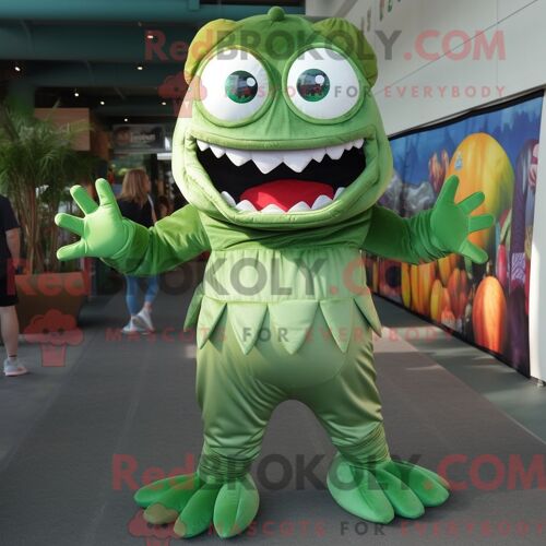Costume Mascotte Redbrokoly De Piranha Vert Personnage Habillé D Une Combinaison Et De Coussinets De Pieds