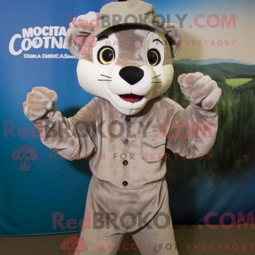 Costume De Mascotte Redbrokoly De Lion De Montagne Argenté Habillé D Un Pantalon Et De Bonnets En Velours Côtelé