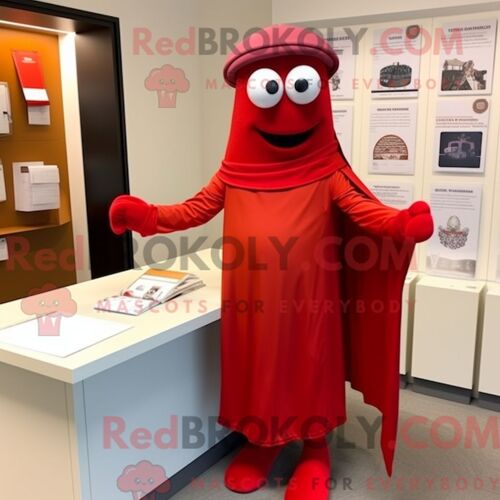 Personnage De Costume De Mascotte Redbrokoly D Avocat Rouge Habillé Avec Un Pantalon Capri Et Des Épingles De Châle