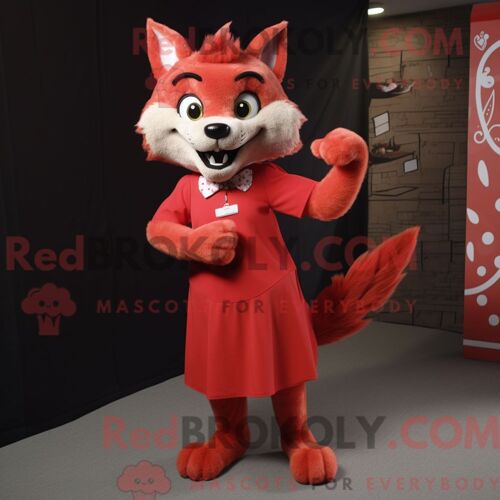 Costume De Mascotte Redbrokoly De Lynx Rouge Habillé D Une Robe Droite Et D Épingles À Cravate