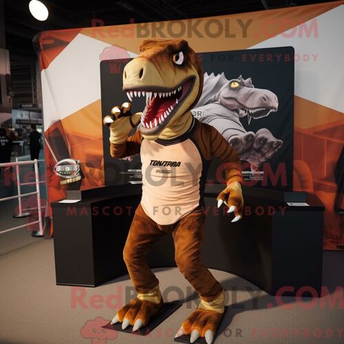 Costume Mascotte Redbrokoly D Allosaure Marron Personnage Habillé Avec Un Short De Course Et Des Gants
