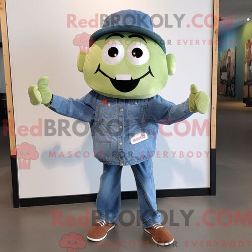 Personnage De Costume De Mascotte Redbrokoly De Hamburger Olive Habillé Avec Une Chemise En Jean Et Des Casquettes
