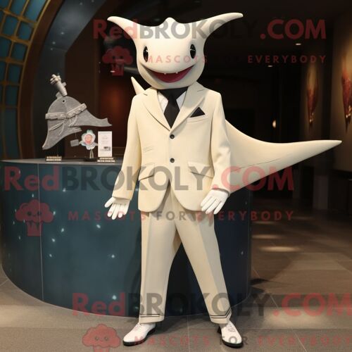 Costume De Mascotte Redbrokoly De Stingray Crème Personnage Habillé Avec Une Veste De Costume Et Des Pinces À Chaussures