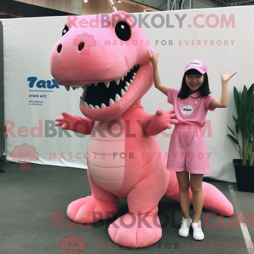 Costume Mascotte Redbrokoly De T Rex Rose Personnage Habillé Avec Une Combishort Et Des Pinces À Cheveux