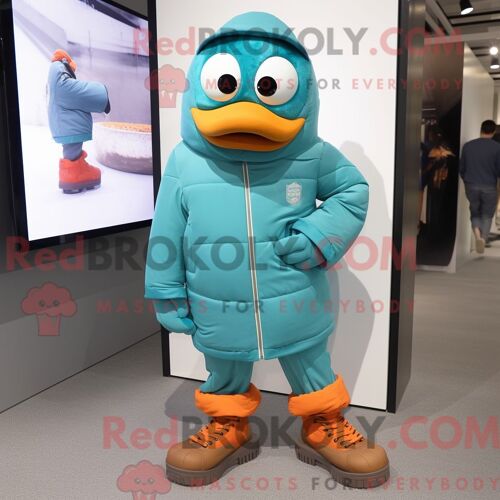 Costume Mascotte Redbrokoly De Mandarin Bleu Sarcelle Habillé Avec Un Col Roulé Et Des Lacets De Chaussures