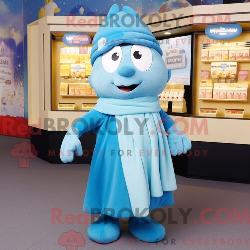 Costume De Mascotte Redbrokoly De Pot D Or Bleu Ciel Habillé Avec Un Manteau Et Des Écharpes