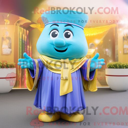 Costume De Mascotte Redbrokoly De Pot D Or Bleu Ciel Habillé Avec Un Manteau Et Des Écharpes