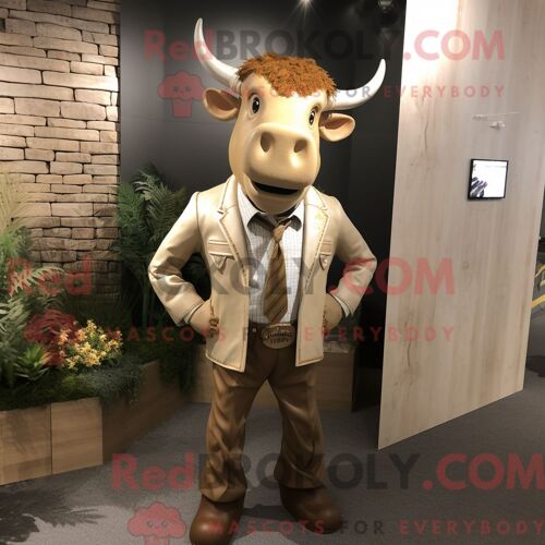 Costume De Mascotte Redbrokoly De Tan Bull Habillé D Une Chemise Habillée Et De Boutons De Manchette