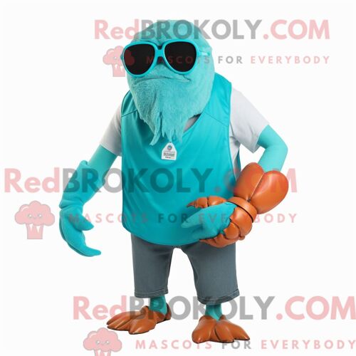 Costume Mascotte Redbrokoly De Crabe Ermite Turquoise Habillé D Un Débardeur Et De Lunettes De Soleil