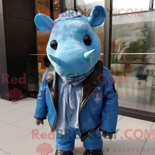 Costume De Mascotte Redbrokoly De Rhinocéros Bleu Ciel Habillé D Une Veste En Cuir Et D Écharpes