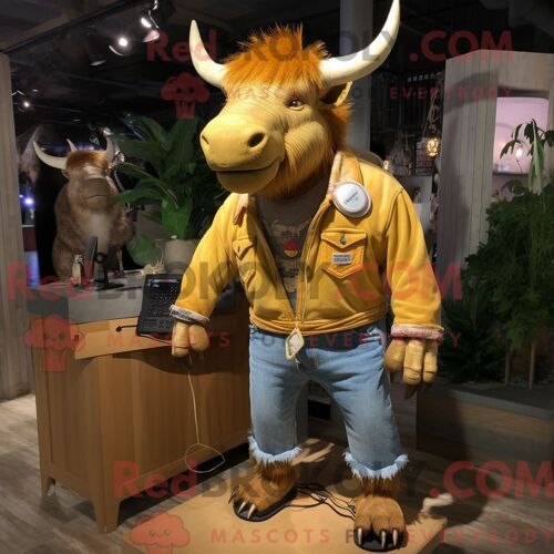Costume De Mascotte Redbrokoly De Rhinocéros Laineux Doré Habillé D Un Short En Jean Et De Colliers