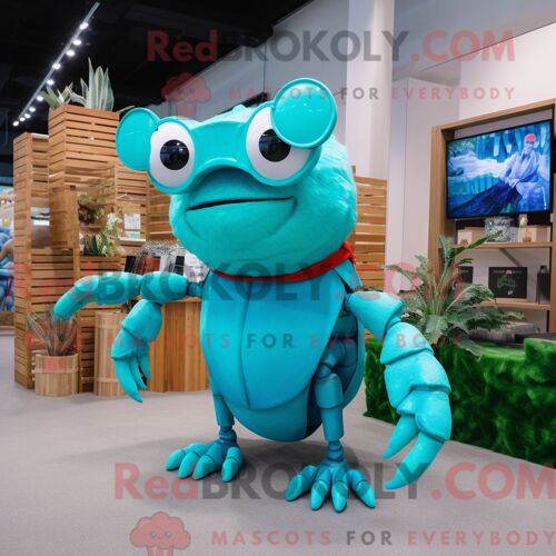 Costume Mascotte Redbrokoly De Crabe Ermite Turquoise Habillé D Un Débardeur Et De Lunettes De Soleil
