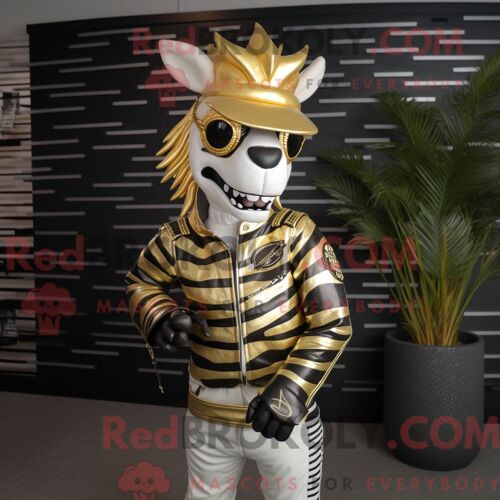 Costume De Mascotte Redbrokoly De Zèbre Doré Habillé D Une Veste De Moto Et De Chapeaux
