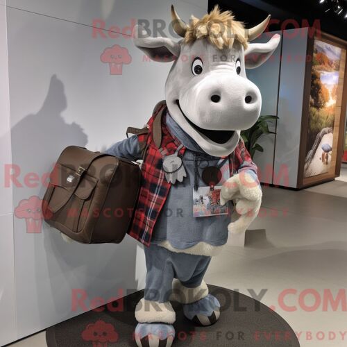 Costume De Mascotte Redbrokoly De Vache En Jersey Gris Personnage Habillé D Une Chemise En Flanelle Et De Sacs Messager