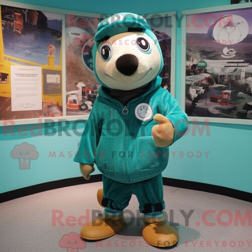 Costume De Mascotte Redbrokoly De Phoque Sarcelle Habillé D Un Blouson Aviateur Et De Chapeaux