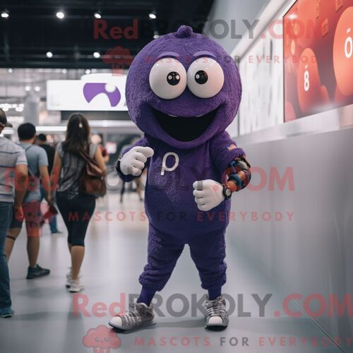 Costume De Mascotte Redbrokoly De Boulettes De Viande Violettes Habillé Avec Un T-Shirt De Baseball Et Des Montres Intelligentes