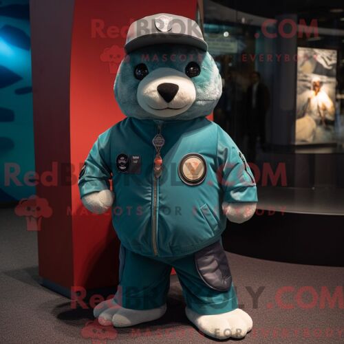Costume De Mascotte Redbrokoly De Phoque Sarcelle Habillé D Un Blouson Aviateur Et De Chapeaux