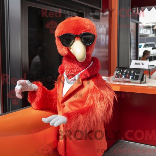 Costume Mascotte Redbrokoly D Autruche Rouge Habillé D Un Manteau Et De Lunettes De Soleil