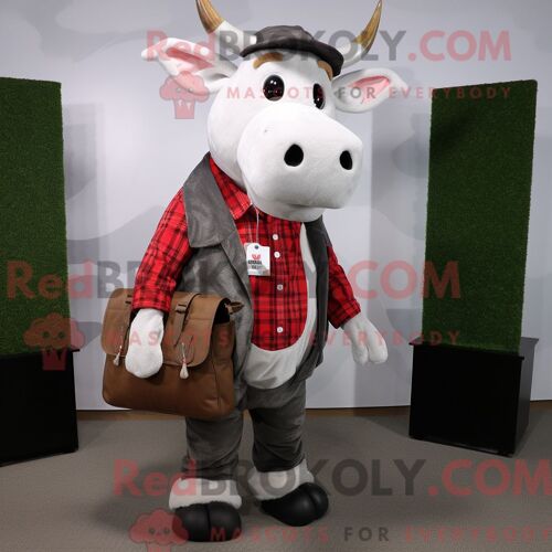 Costume De Mascotte Redbrokoly De Vache En Jersey Gris Personnage Habillé D Une Chemise En Flanelle Et De Sacs Messager