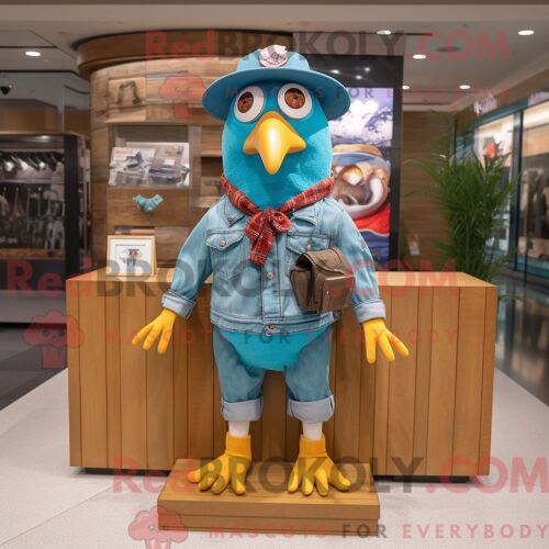 Costume Mascotte Redbrokoly De Caille Turquoise Habillé D Un Short En Jean Et De Bérets