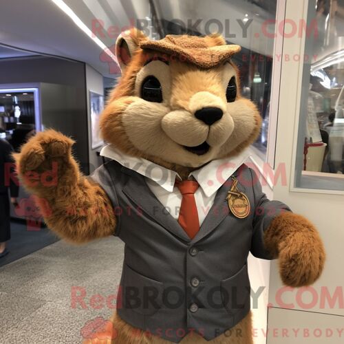 Costume De Mascotte Redbrokoly D Écureuil Beige Habillé D Une Veste De Costume Et D Épingles À Châle