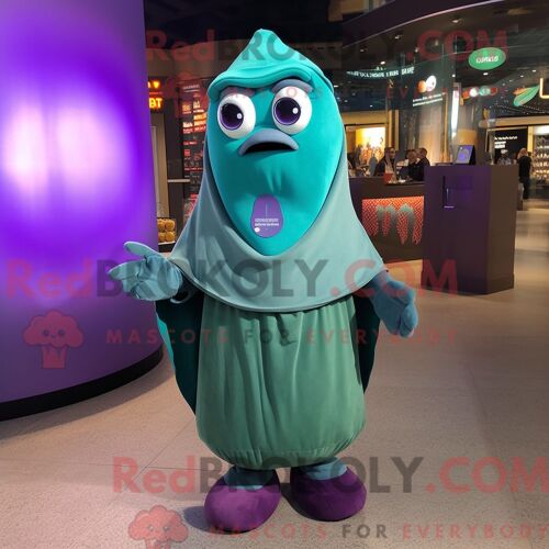 Personnage De Costume De Mascotte Redbrokoly D Aubergine Bleu Sarcelle Habillé Avec Un T-Shirt À Col En V Et Des Châles