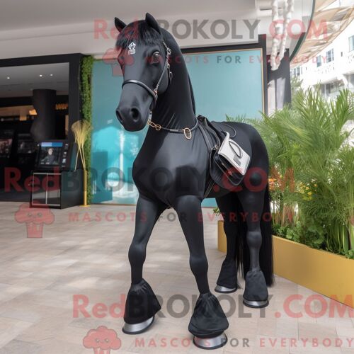 Costume De Mascotte Redbrokoly De Cheval Noir Habillé D Un Jegging Et D Une Pochette