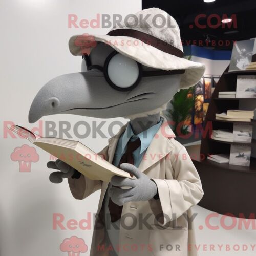 Costume Mascotte Redbrokoly De Ptérodactyle Gris Personnage Habillé D Une Veste Et De Lunettes De Lecture