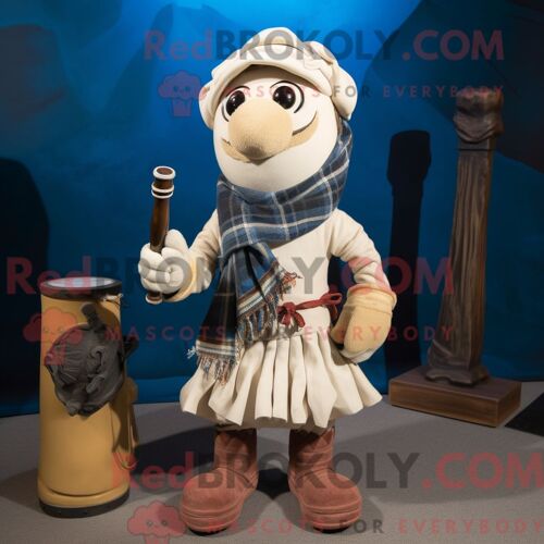 Costume Mascotte Redbrokoly De Cornemuse Crème Personnage Habillé Avec Un Jean Et Des Clips Pour Écharpe