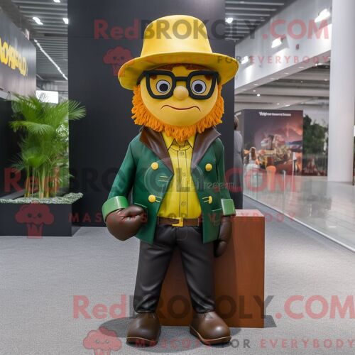 Personnage De Costume De Mascotte Redbrokoly De Chapeau De Lutin Jaune Habillé Avec Une Veste En Cuir Et Des Lunettes