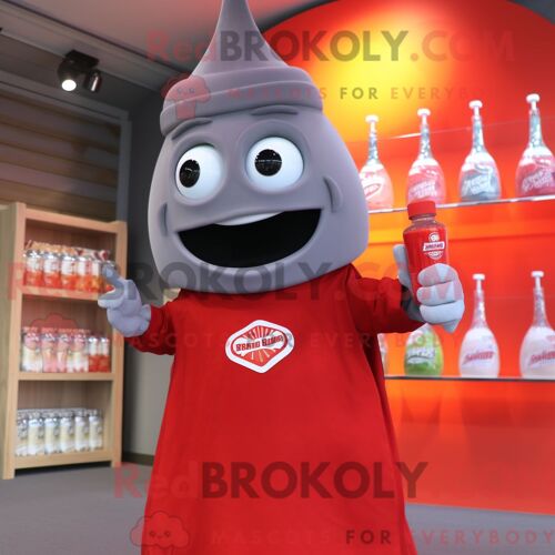 Personnage Mascotte Redbrokoly De Bouteille Grise De Ketchup Habillé Avec Un Manteau Et Des Bracelets