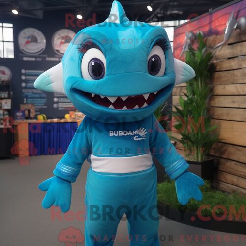 Costume De Mascotte Redbrokoly De Barracuda Cyan Habillé D Une Combinaison Et De Ceintures De Smoking