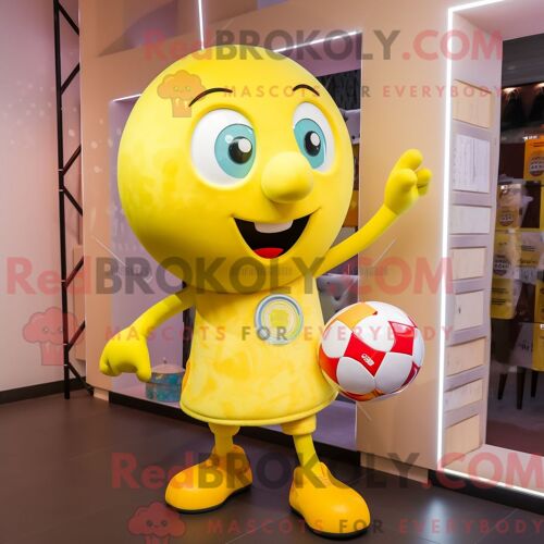 Costume De Mascotte Redbrokoly De But De Football Jaune Citron Personnage Habillé Avec Un Pantalon Et Des Pochettes
