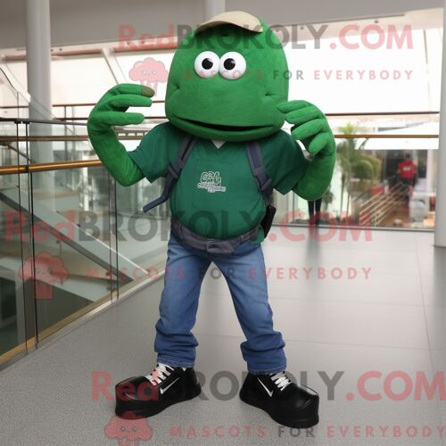 Costume De Mascotte Redbrokoly De Crabe Vert Forêt Habillé D Un Jean Bootcut Et De Lacets De Chaussures