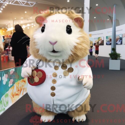 Costume De Mascotte Redbrokoly De Cochon D Inde Crème Habillé D Une Combishort Et D Un Porte-Monnaie