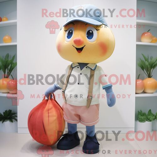 Personnage De Costume De Mascotte Redbrokoly De Thon Pêche Habillé Avec Une Chemise Oxford Et Des Sacs À Main