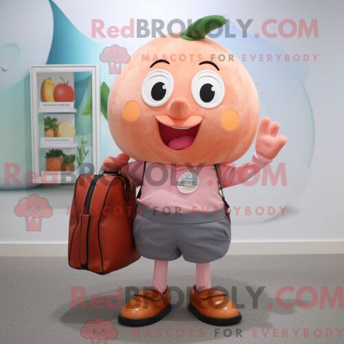 Personnage De Costume De Mascotte Redbrokoly De Thon Pêche Habillé Avec Une Chemise Oxford Et Des Sacs À Main