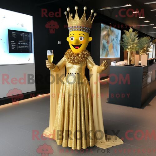 Personnage De Costume De Mascotte Redbrokoly Gold Queen Habillé Avec Une Robe De Cocktail Et Des Clips Pour Écharpe