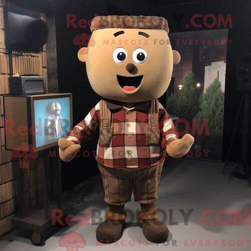 Personnage De Costume De Mascotte Redbrokoly De Télévision Marron Habillé Avec Une Chemise En Flanelle Et Des Cravates