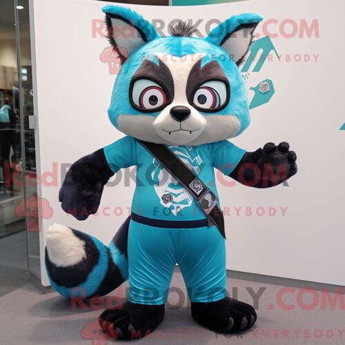 Costume Mascotte Redbrokoly De Raton Laveur Turquoise Habillé D Un Legging Et De Bretelles