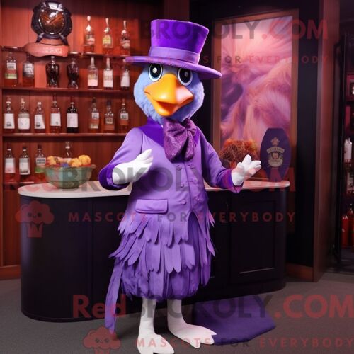 Costume De Mascotte Redbrokoly De Poulet Violet Personnage Habillé D Une Robe De Cocktail Et D Épingles À Chapeau