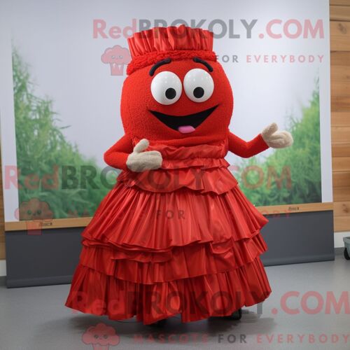 Personnage De Costume De Mascotte Redbrokoly De Lasagne Rouge Habillé D Une Jupe Plissée Et De Ceintures De Smoking