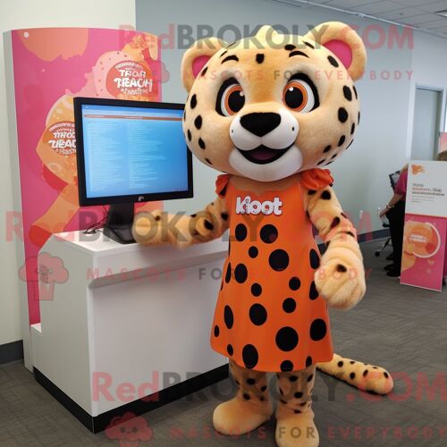 Costume De Mascotte Redbrokoly De Guépard Pêche Personnage Habillé Avec Une Robe Droite Et Des Boucles D Oreilles