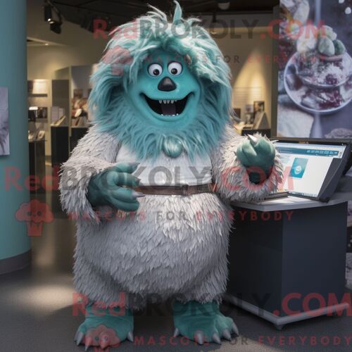 Costume De Mascotte Redbrokoly De Yéti Bleu Sarcelle Habillé Avec Une Jupe Crayon Et Des Ceintures