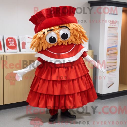 Personnage De Costume De Mascotte Redbrokoly De Lasagne Rouge Habillé D Une Jupe Plissée Et De Ceintures De Smoking